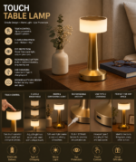 Rechargeable Touch Table Lamp – Modern Gold LED Bedside Lamp with 3-Level Brightness - Image 4